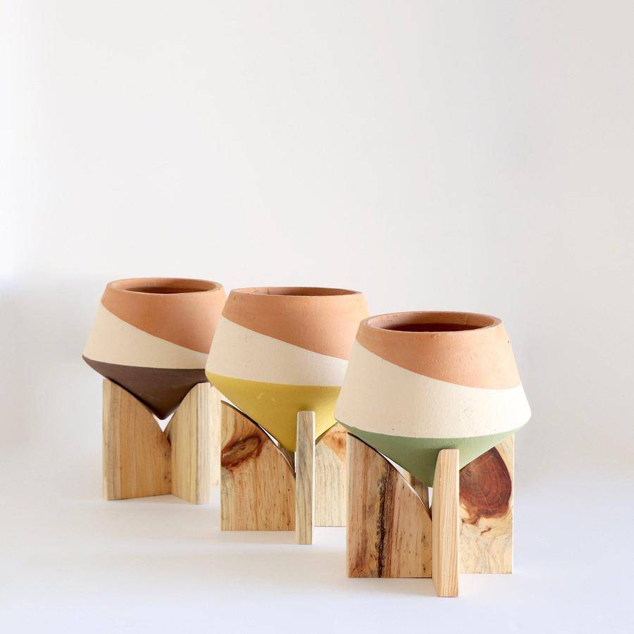 Double Dipped Colorblock Pots on Wooden Stands (Set of Three) - Holistic Habitat 