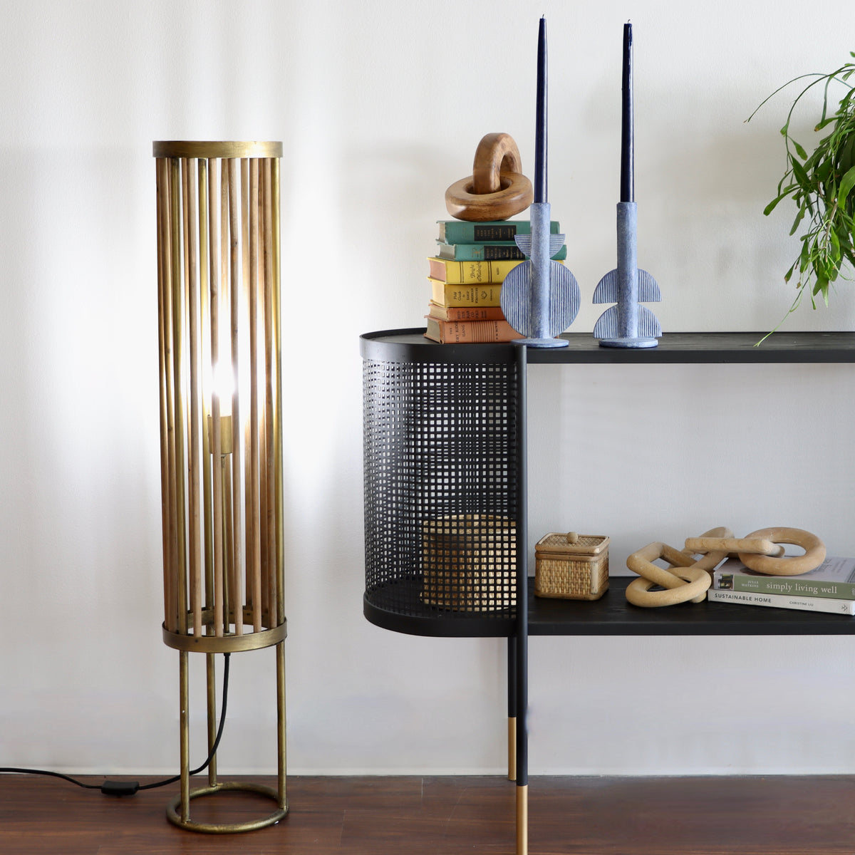 Mid Mod Cylinder Wood and Brass Floor Lamp - Holistic Habitat 