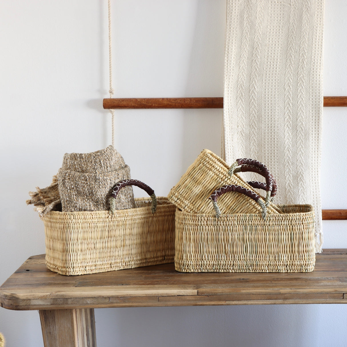 Market Reed & Leather Baskets - Set of 3 - Holistic Habitat 