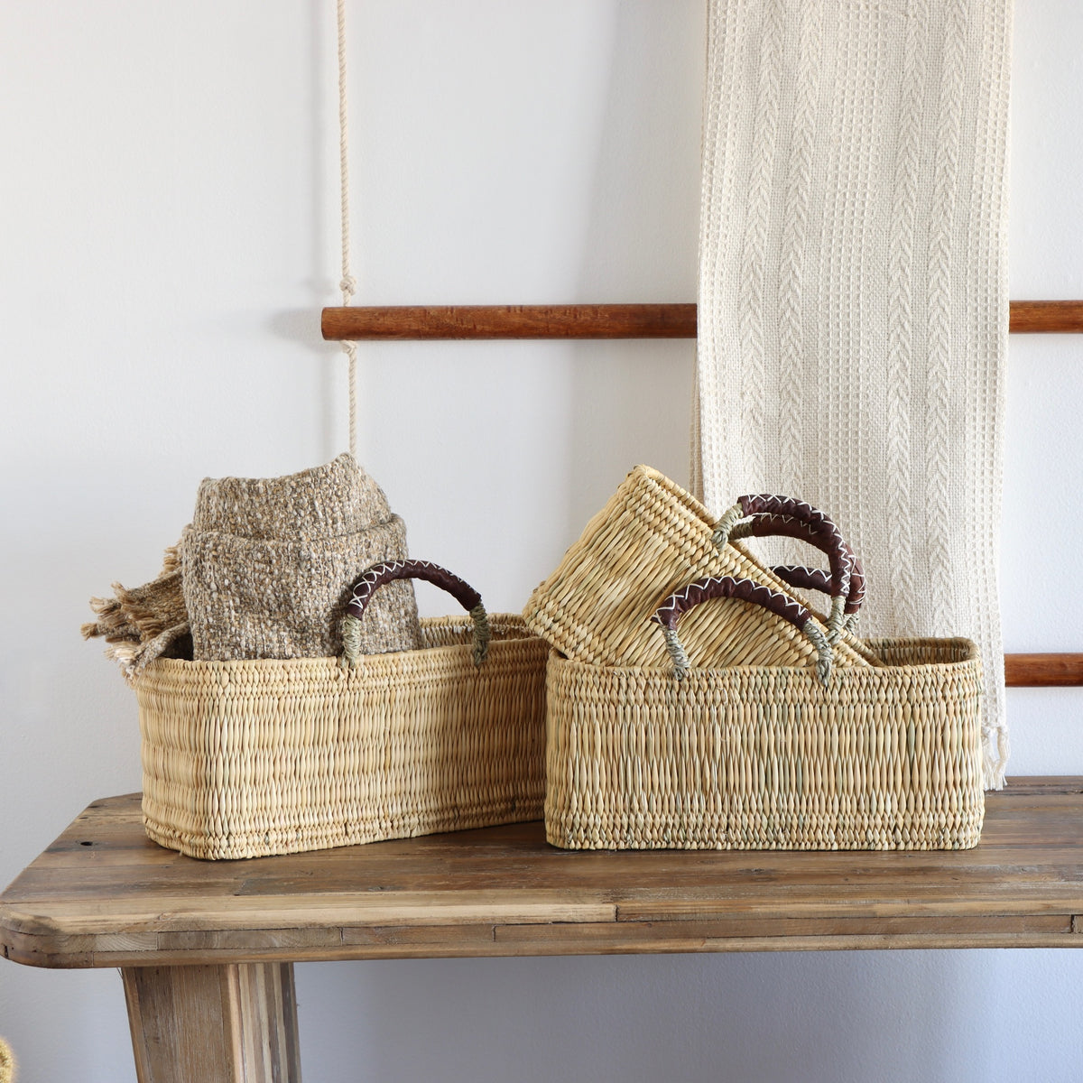 Market Reed &amp; Leather Baskets - Set of 3 - Holistic Habitat 