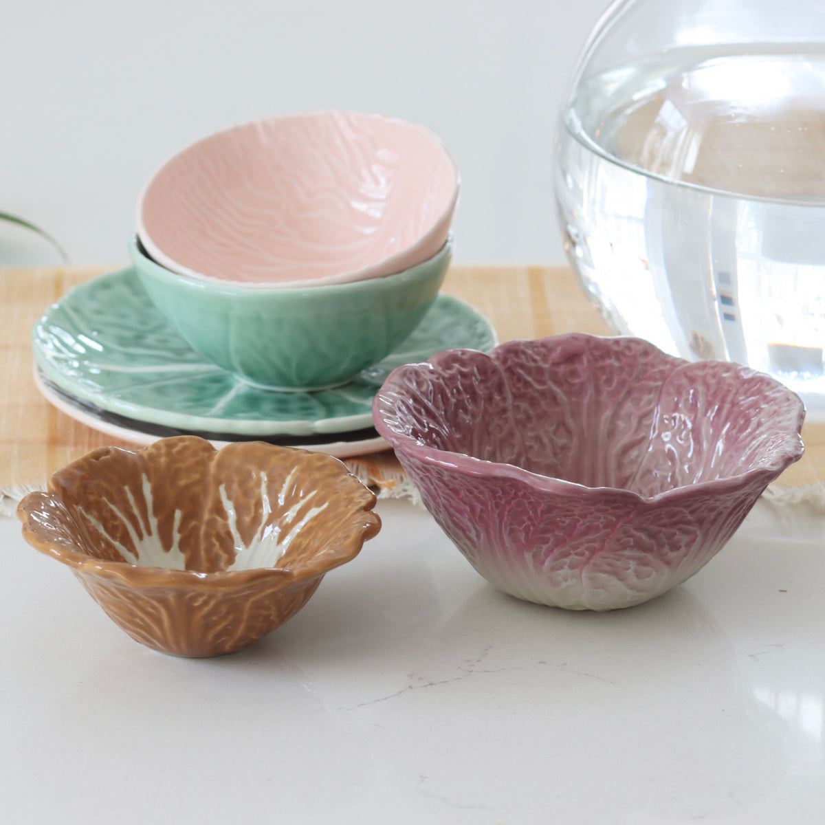 Cabbage Leaf Hand-Painted Stoneware Bowls - Set of 2 - Holistic Habitat 