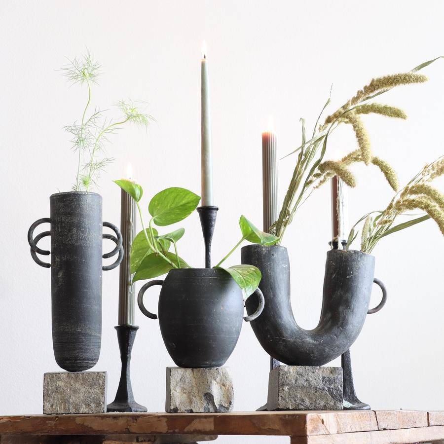 Handled Clay Vases on Rock Bases - Set of 3 - Holistic Habitat 