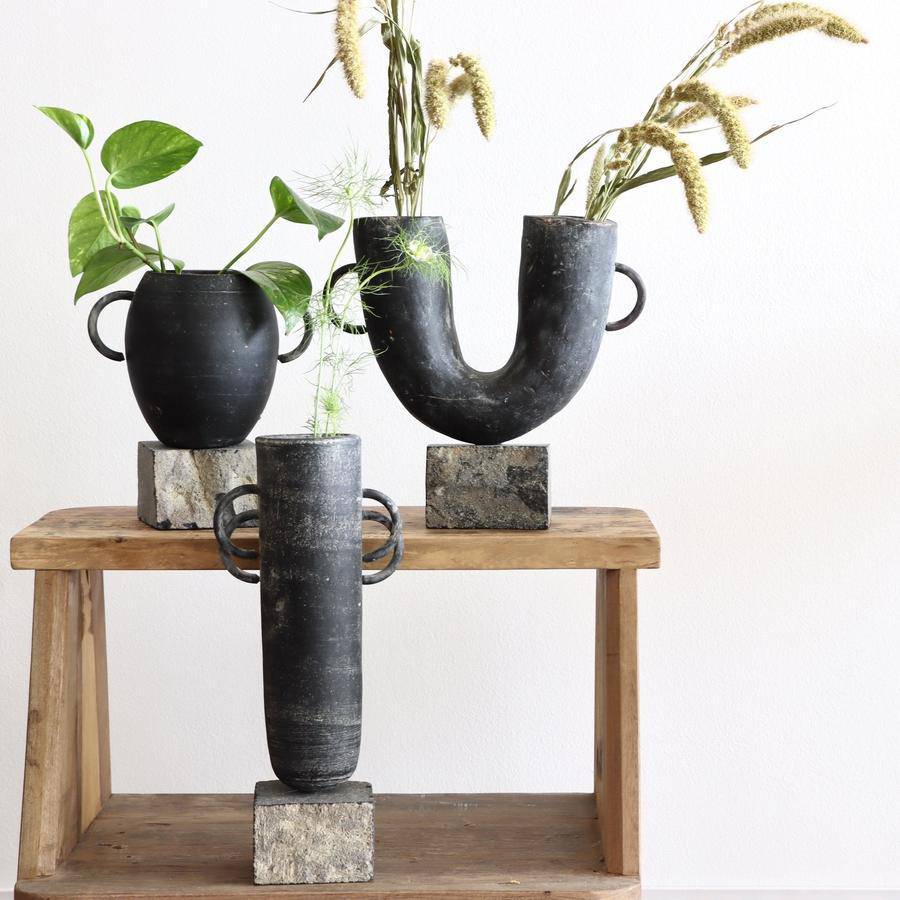 Handled Clay Vases on Rock Bases - Set of 3 - Holistic Habitat 