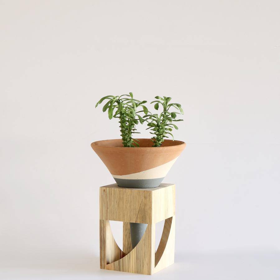 Terracotta Colorblock Cone Pot on Wooden Stand - Holistic Habitat 