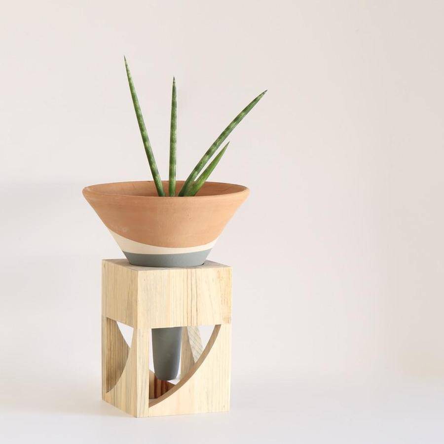 Terracotta Colorblock Cone Pot on Wooden Stand - Holistic Habitat 