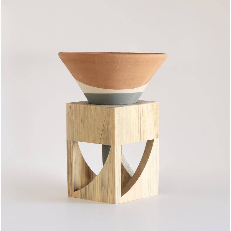 Terracotta Colorblock Cone Pot on Wooden Stand - Holistic Habitat 