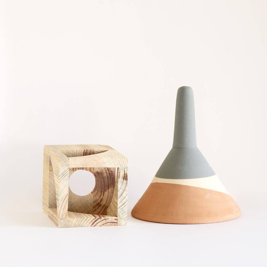 Terracotta Colorblock Cone Pot on Wooden Stand - Holistic Habitat 