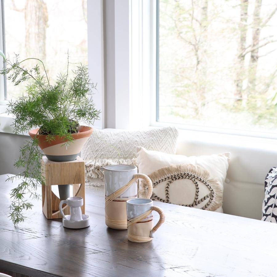 Terracotta Colorblock Cone Pot on Wooden Stand - Holistic Habitat 