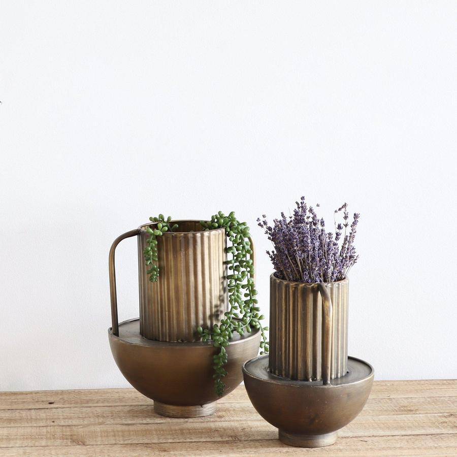 Corrugated Antique Brass Finish Urn Vases - Set of 2 - Holistic Habitat 