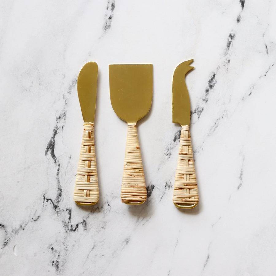 Rattan and Gold Cheese Knives (Set of 3)