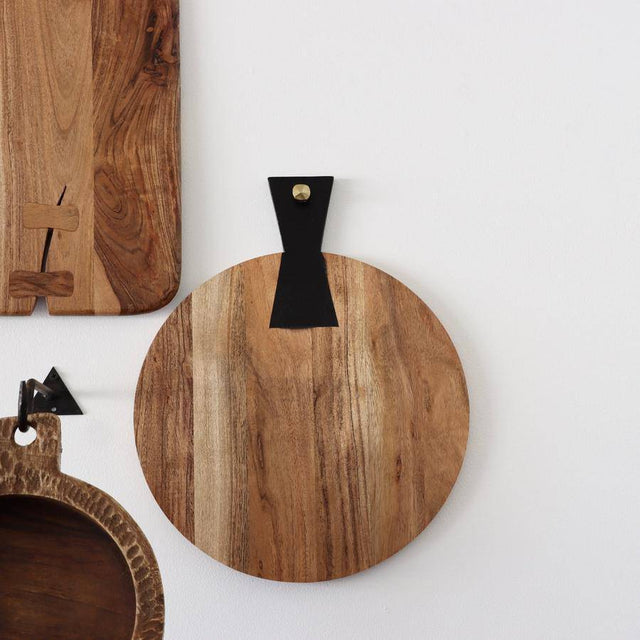 Round Acacia Wood Cheese Board With Black Tail Joint Handle - Holistic Habitat 