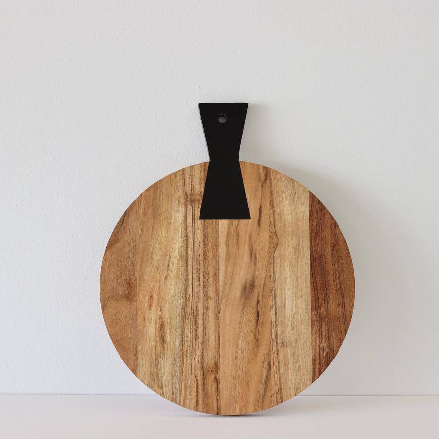 Round Acacia Wood Cheese Board With Black Tail Joint Handle - Holistic Habitat 