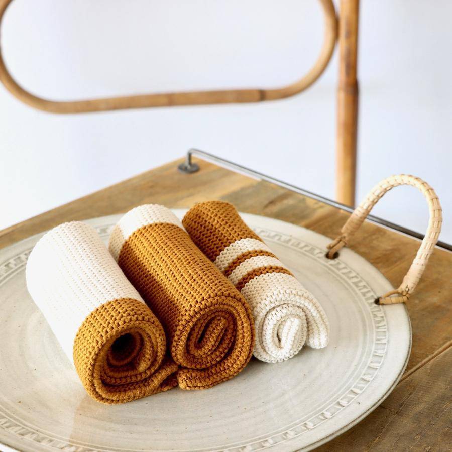 Mustard and Cream Cotton Knit Dish Cloth Set - Holistic Habitat 