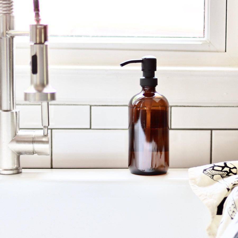 Amber Glass Soap Dispenser Tray Set