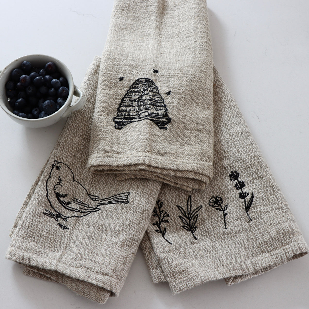 Secret Garden Linen and Cotton Slub Embroidered Tea Towels - Set of 3 - Holistic Habitat 