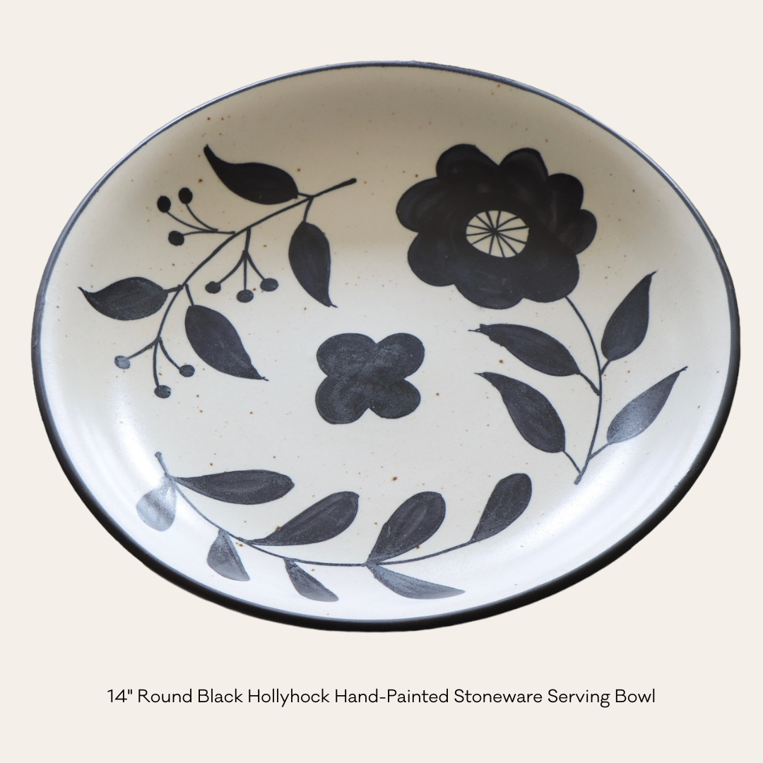 Black Hollyhock Hand-Painted Stoneware Serving Bowl - Holistic Habitat 