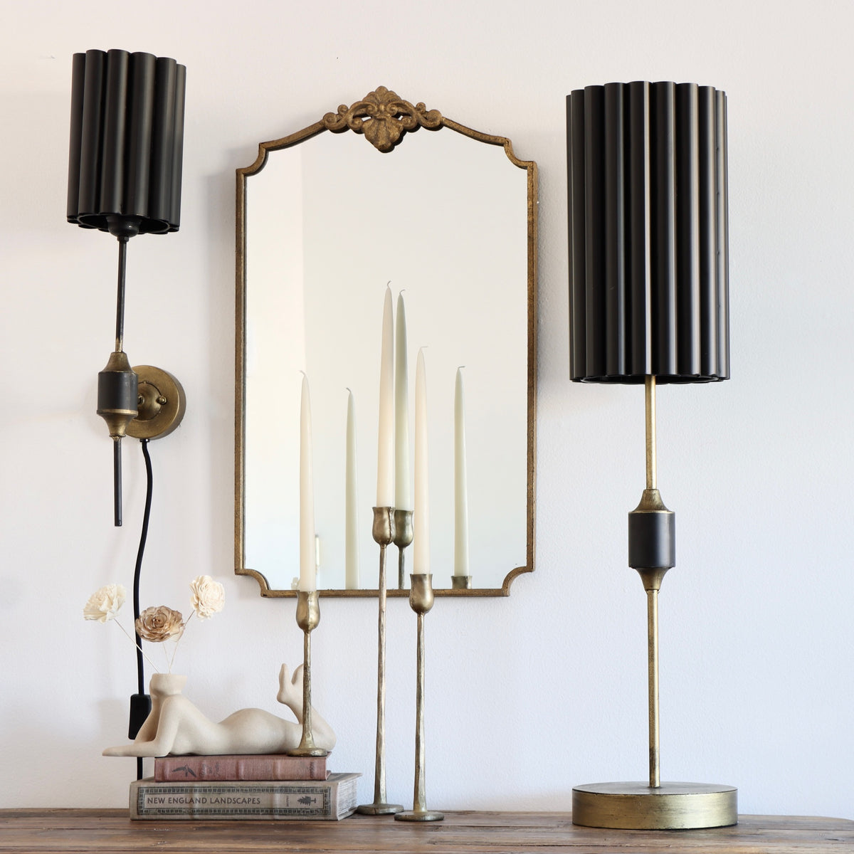 Kali Distressed Gold Table Lamp with Black Fluted Shade - Holistic Habitat 