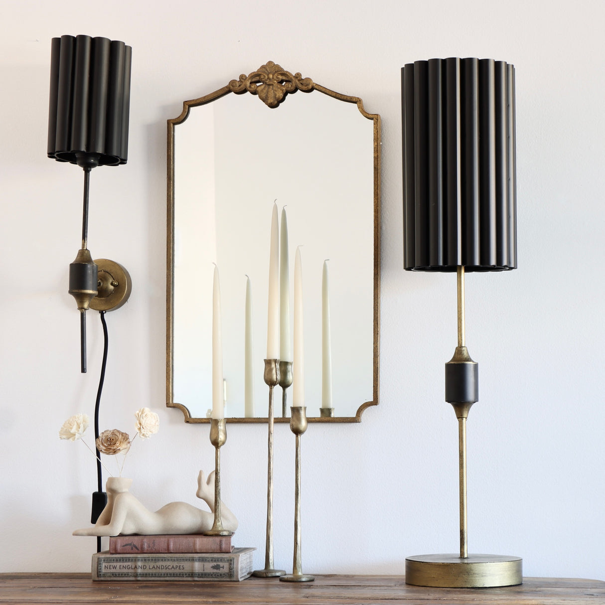 Kali Distressed Gold Wall Sconce with Black Fluted Shade - Holistic Habitat 