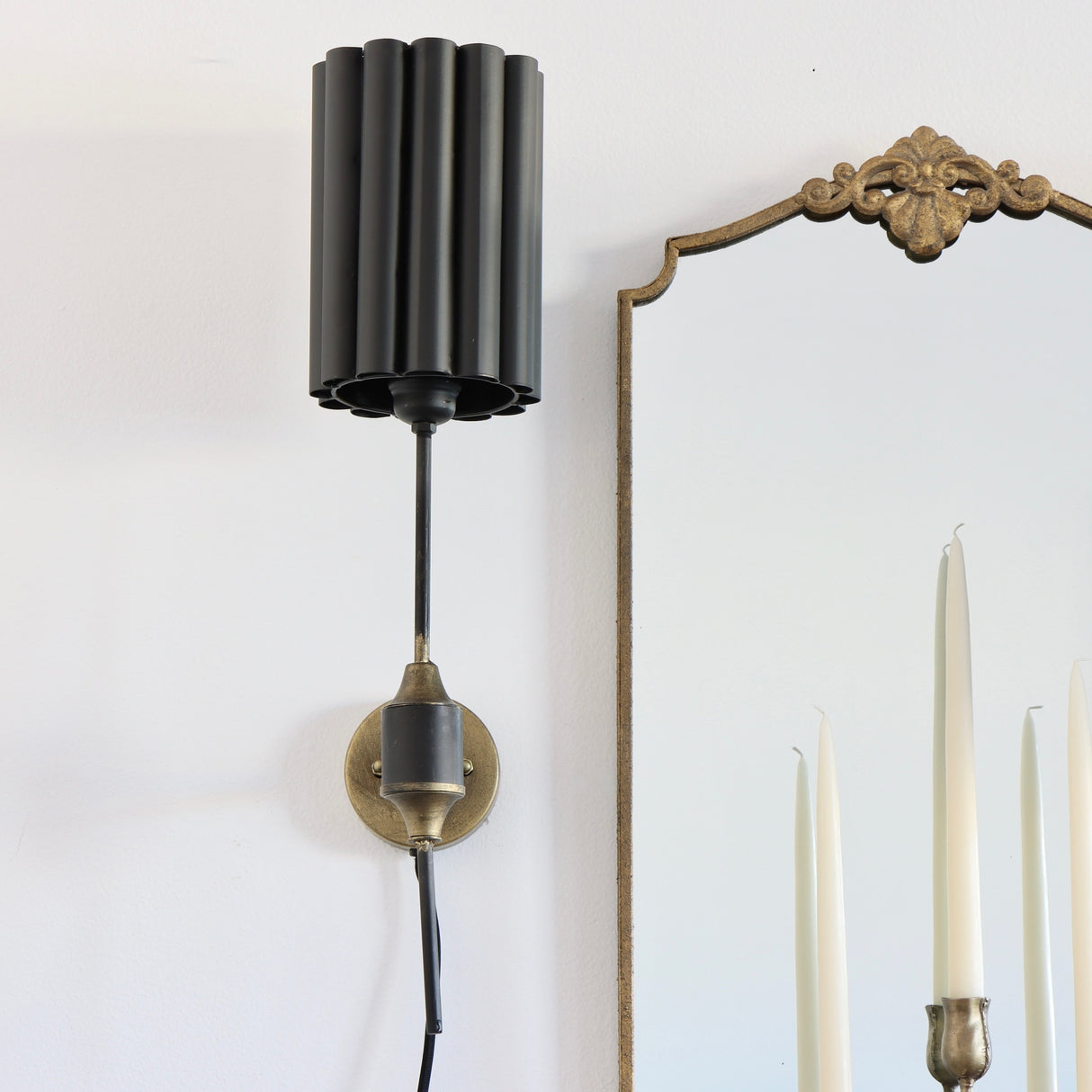 Kali Distressed Gold Wall Sconce with Black Fluted Shade - Holistic Habitat 