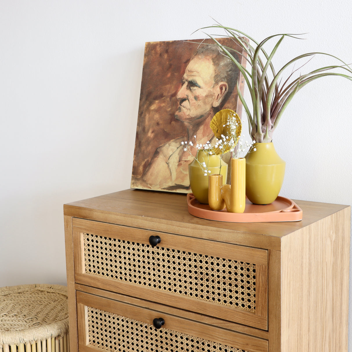 Wood and Caned Rattan Bedside Table - Holistic Habitat 