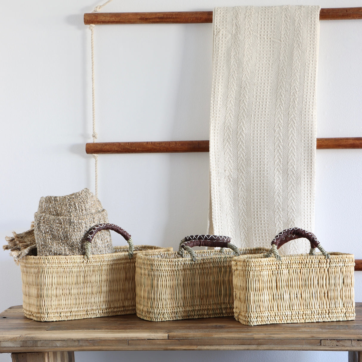 Market Reed & Leather Baskets - Set of 3 - Holistic Habitat 