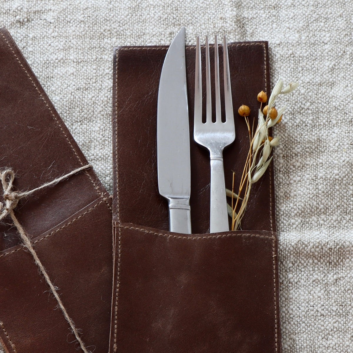 Cognac Leather Cutlery Sleeves - Set of 4 - Holistic Habitat 