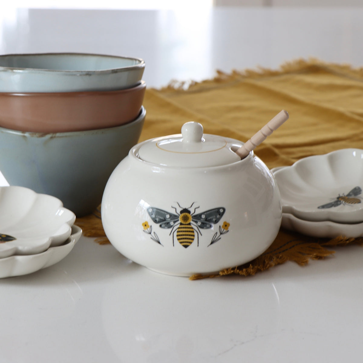 Secret Garden Stoneware Bee Honey Pot with Honey Dipper - Holistic Habitat 
