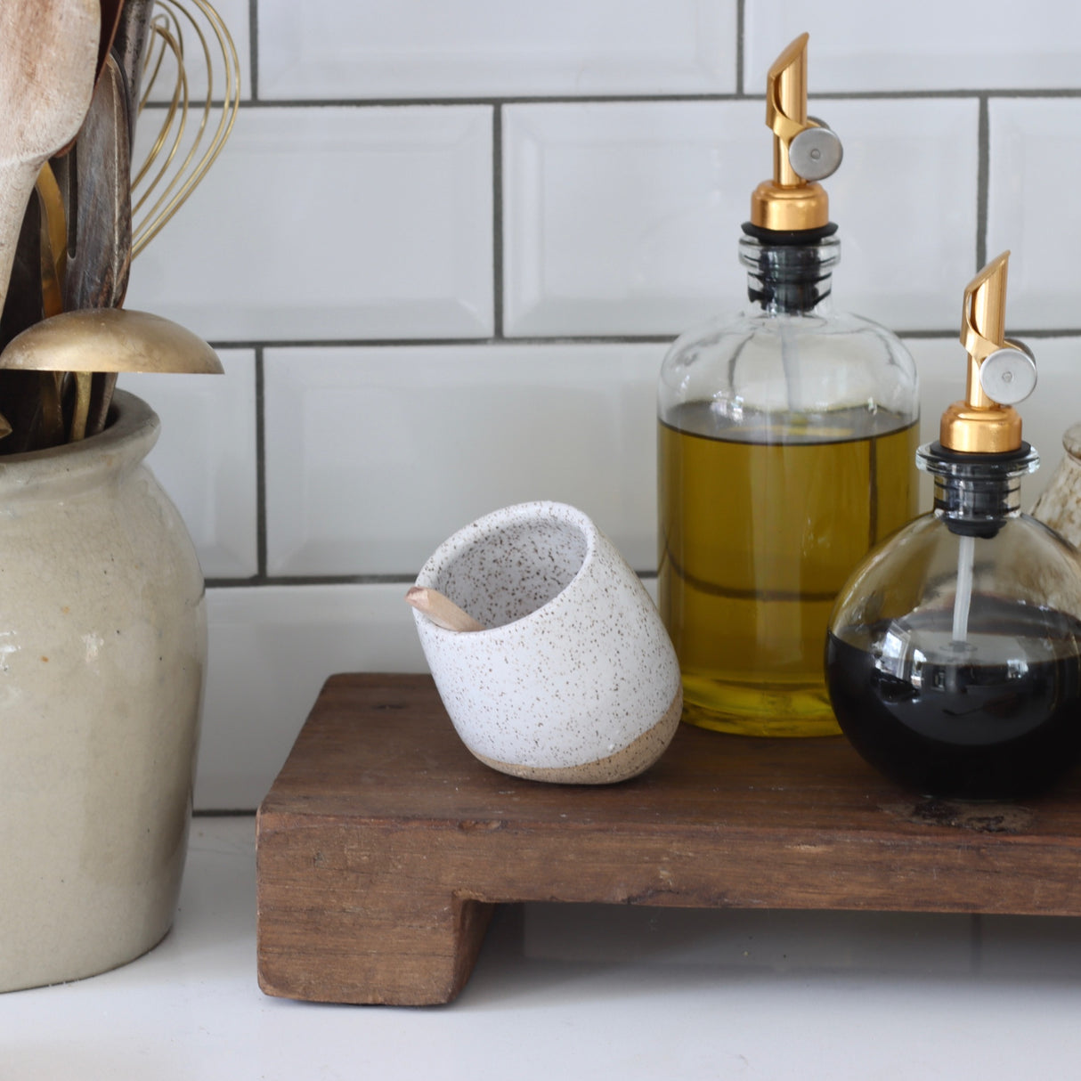 Handmade Speckled Ceramic Salt Cellar/ Condiment Jar with Spoon - Holistic Habitat 