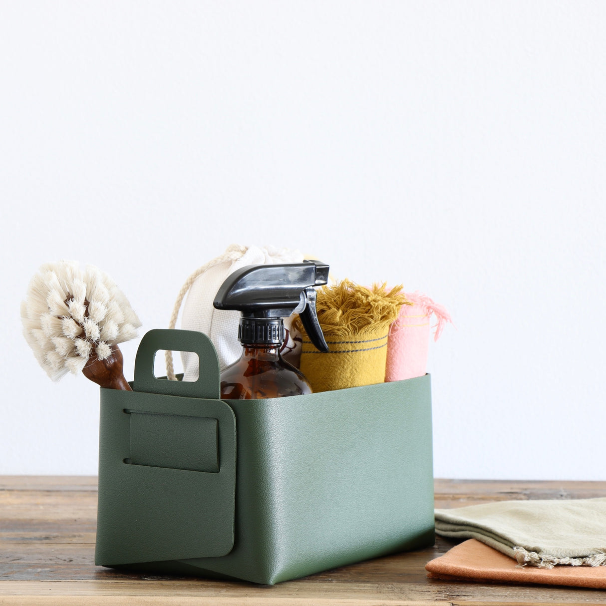 Green Vegan Leather Storage Basket - Medium - Holistic Habitat 