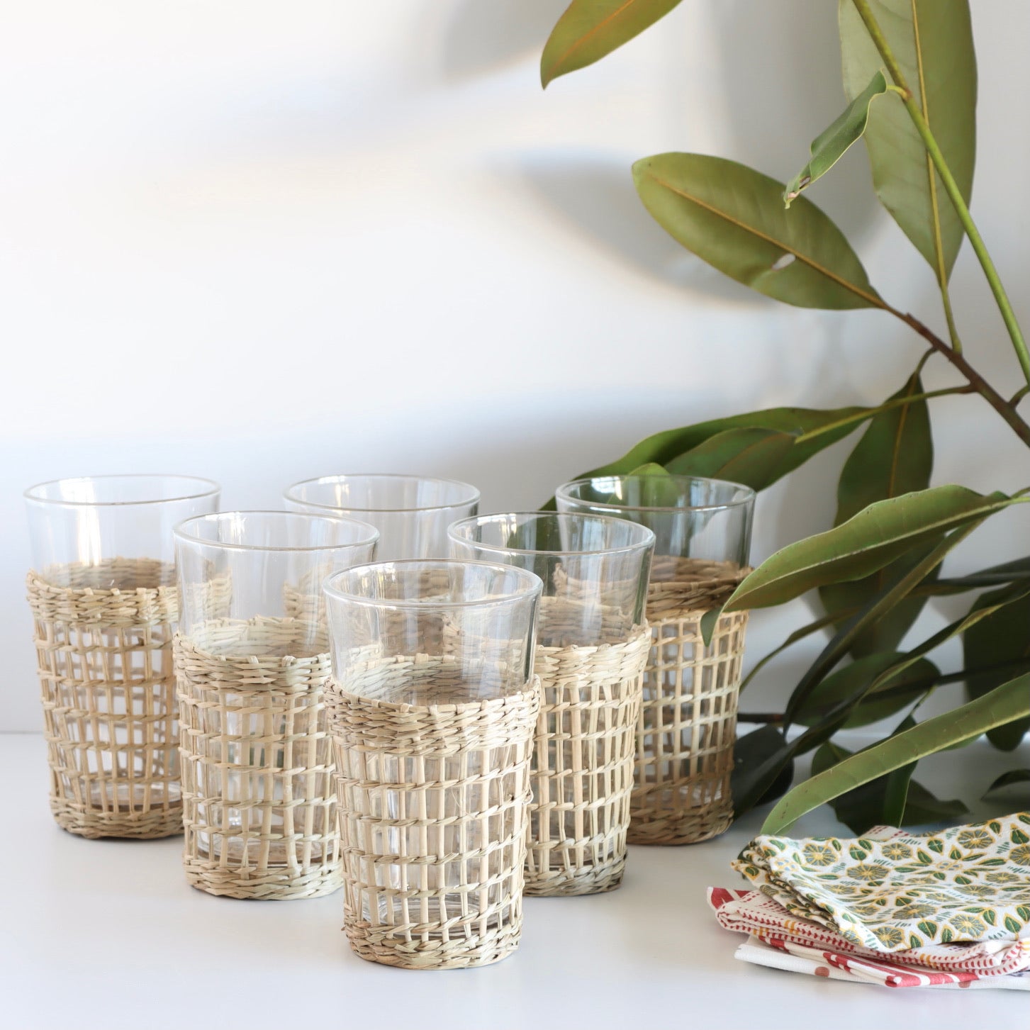 Urban Bar Gili Woven Seagrass Wrapped Highball Glasses - Set of 6 - 10 oz