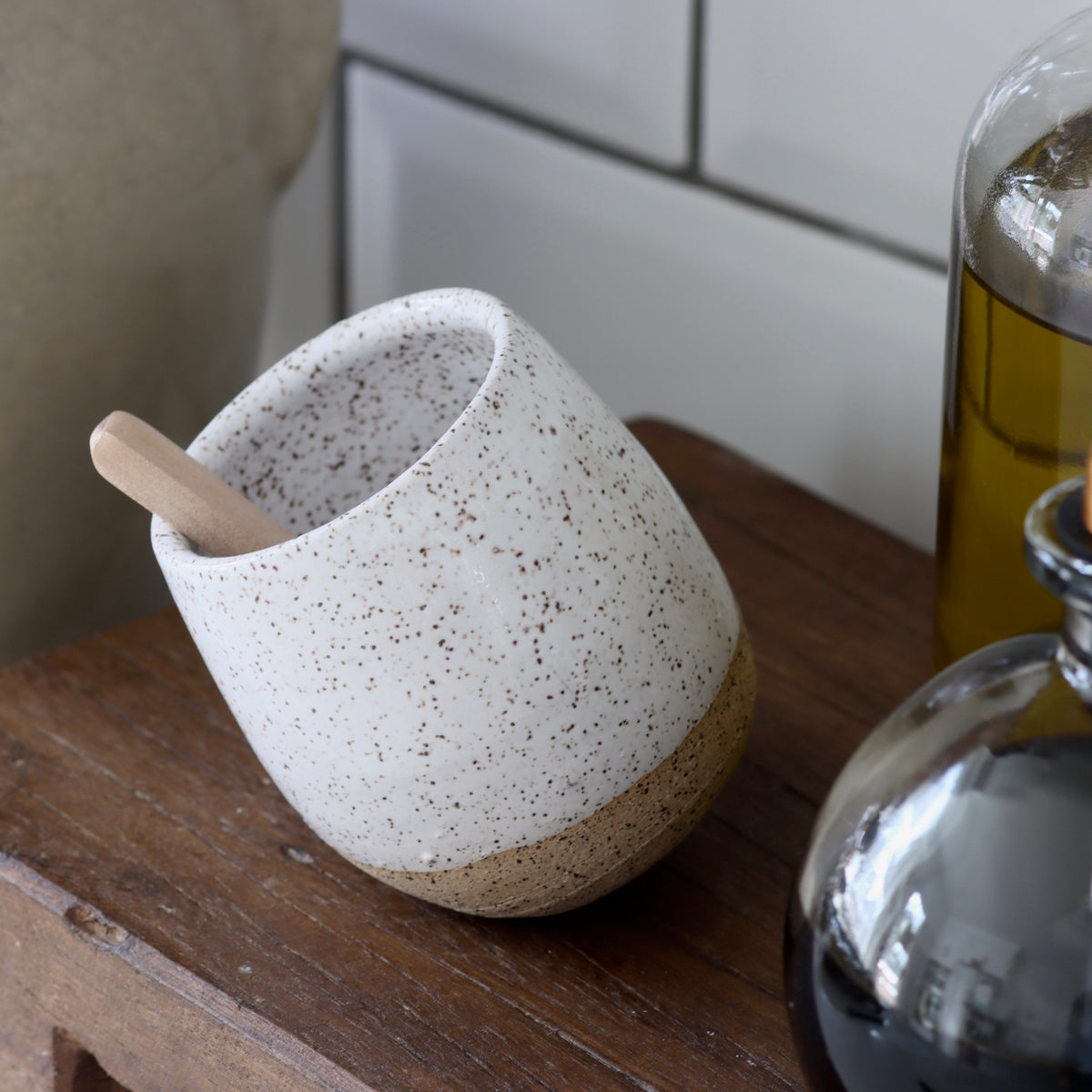 Handmade Speckled Ceramic Salt Cellar/ Condiment Jar with Spoon - Holistic Habitat 