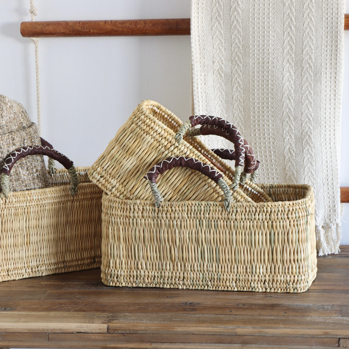 Market Reed &amp; Leather Baskets - Set of 3 - Holistic Habitat 