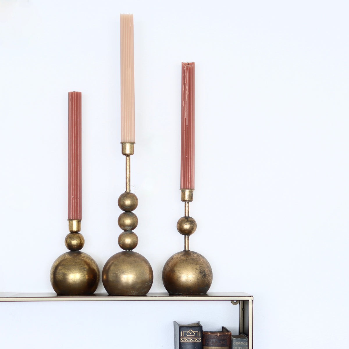 Stacked Orb Antique Brass Finish Taper Candle Holders - Set of 3 - Holistic Habitat 