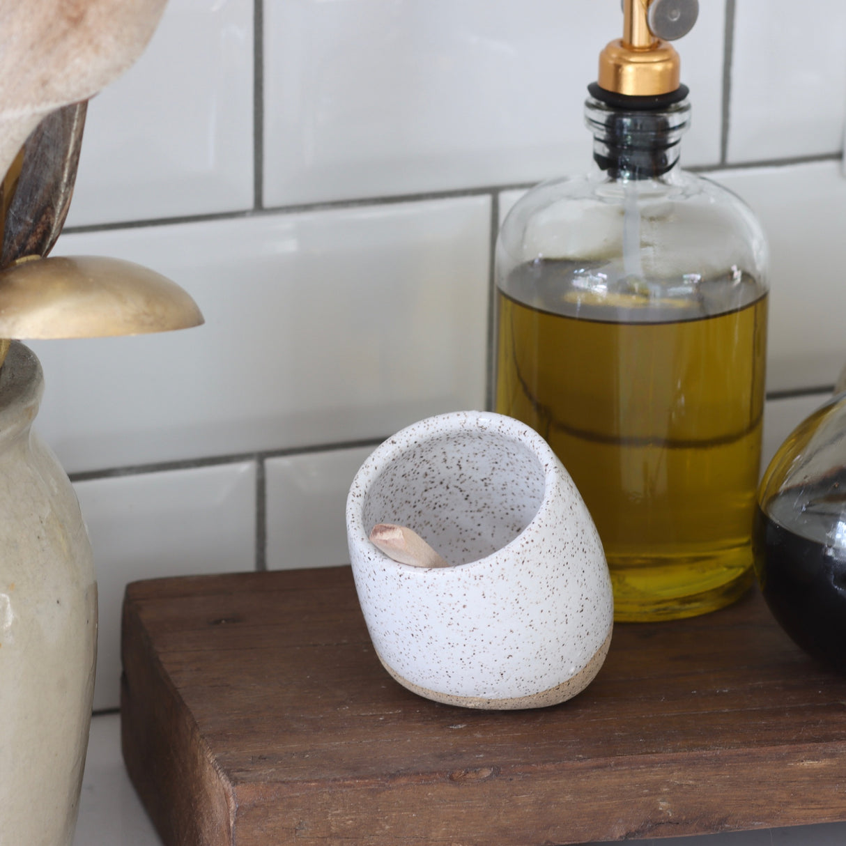 Handmade Speckled Ceramic Salt Cellar/ Condiment Jar with Spoon - Holistic Habitat 