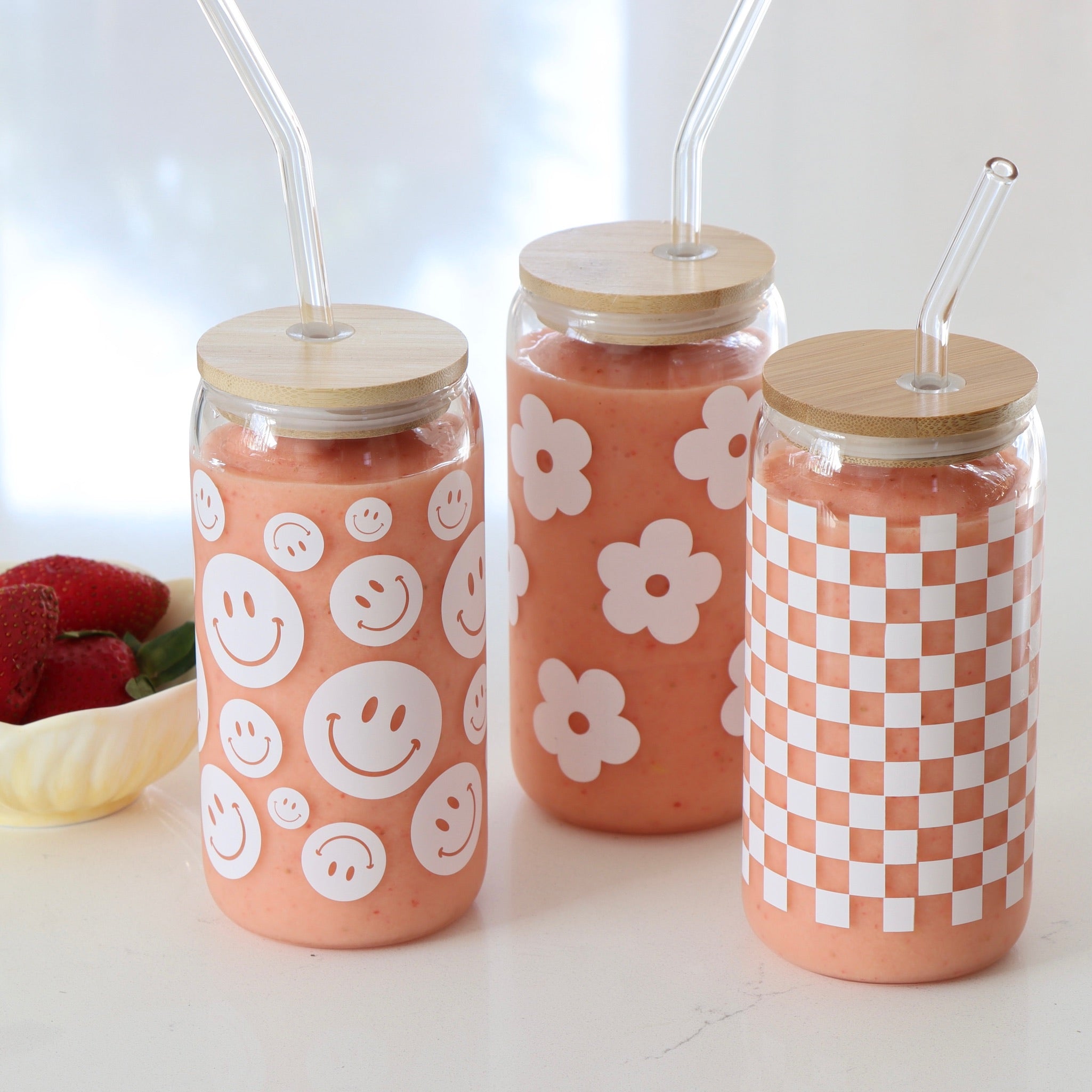 Daisy Pattern Drinking Glass With Lid And Straw, Can Shaped Water