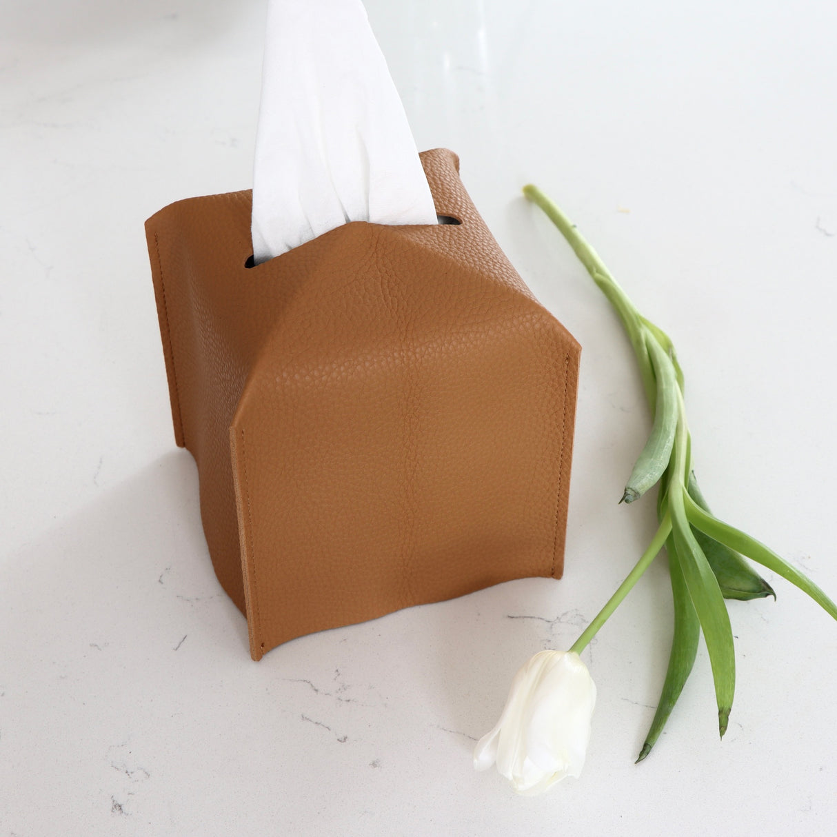 Camel Vegan Leather Tissue Box Cover - Holistic Habitat 