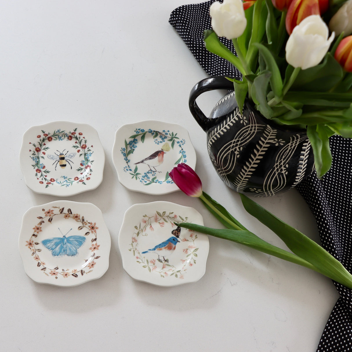 Secret Garden Birds and Bees Scalloped Stoneware Plates - Set of 4 - Holistic Habitat 