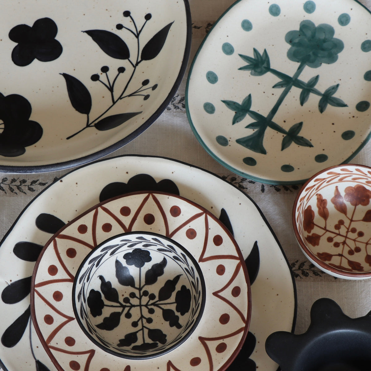 Black Hollyhock Hand-Painted Stoneware Serving Bowl - Holistic Habitat 