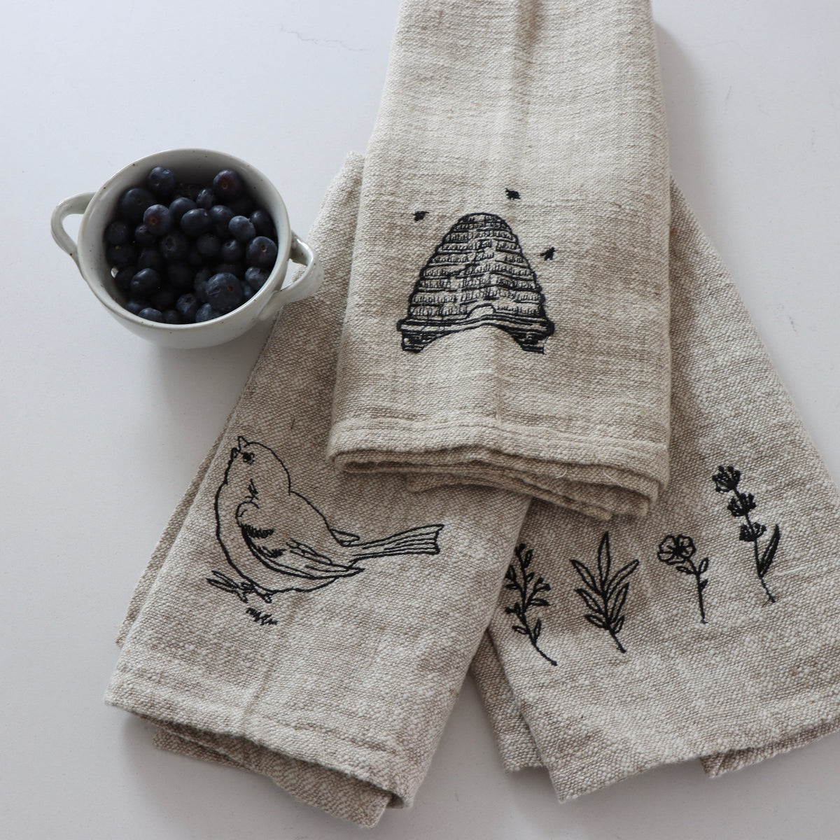 Secret Garden Linen and Cotton Slub Embroidered Tea Towels - Set of 3 - Holistic Habitat 