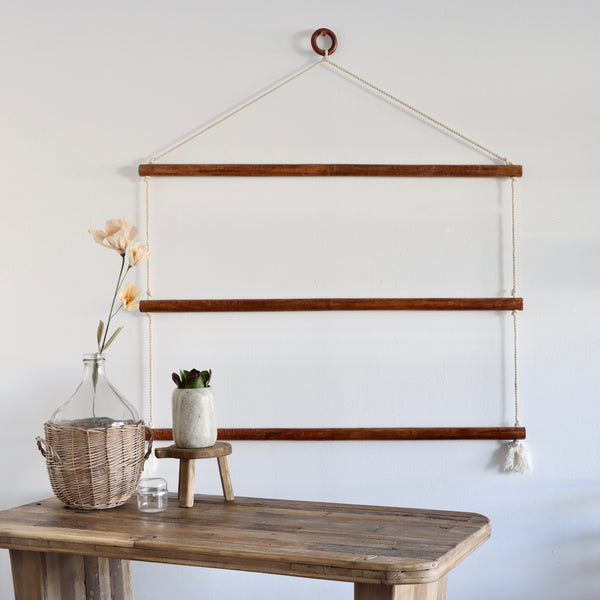 Mango Wood and Macrame Hanging Quilt Ladder | Holistic Habitat