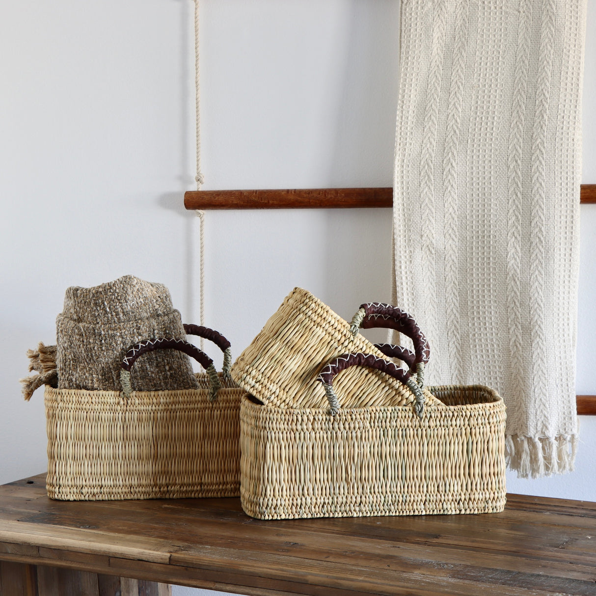 Market Reed & Leather Baskets - Set of 3 - Holistic Habitat 