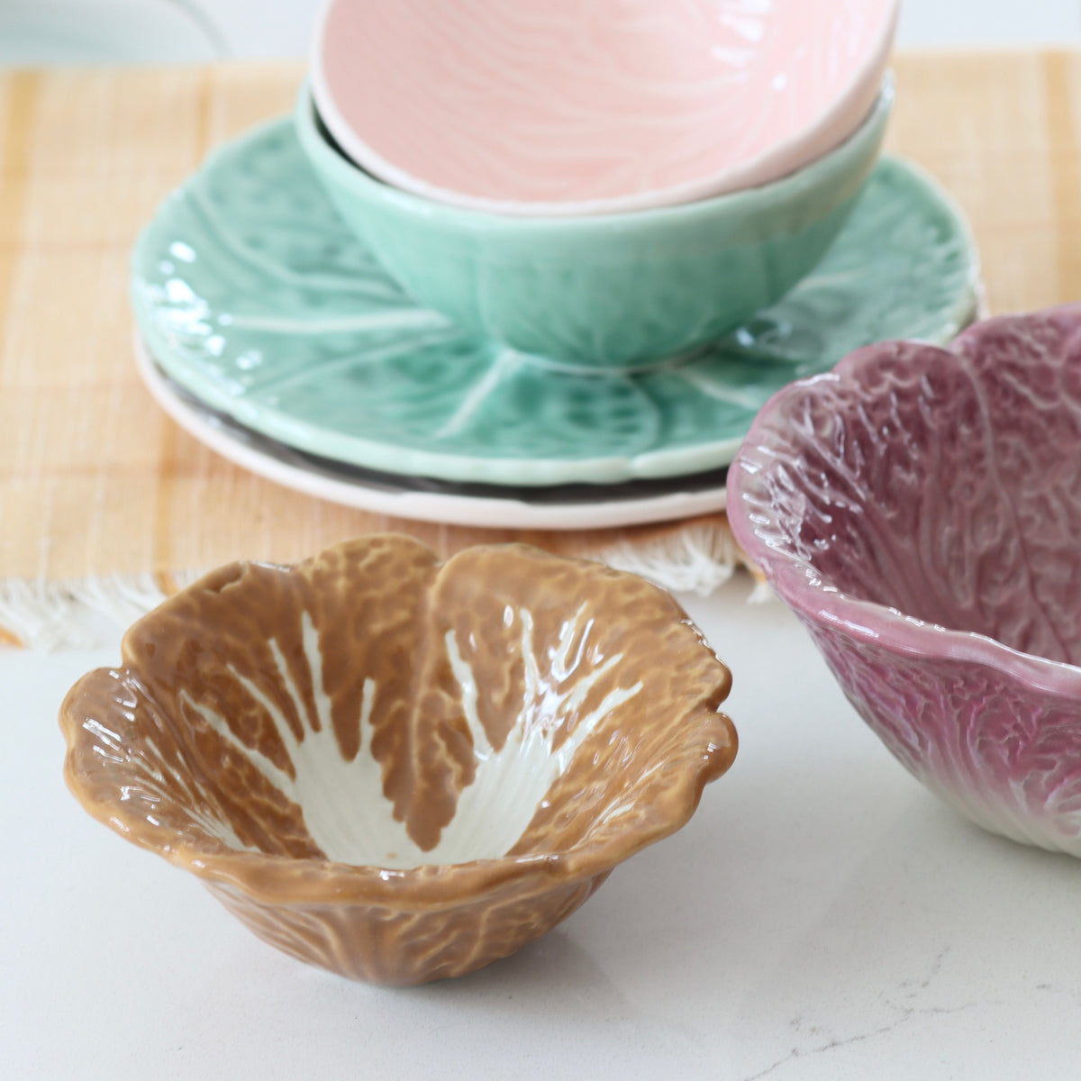 Cabbage Leaf Hand-Painted Stoneware Bowls - Set of 2 - Holistic Habitat 