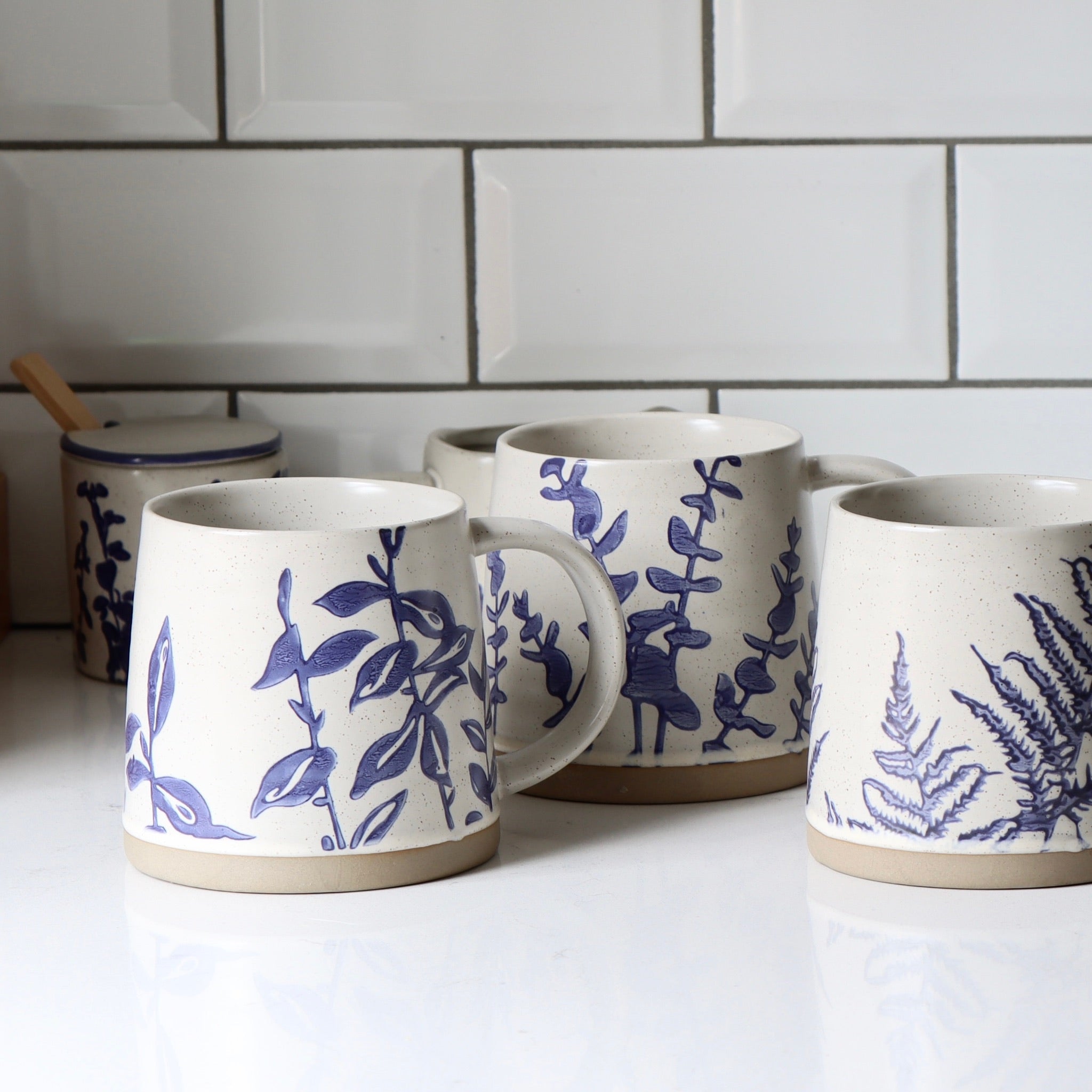 Indigo Fields Hand-Stamped Stoneware Mugs - Set of 4 | Holistic Habitat