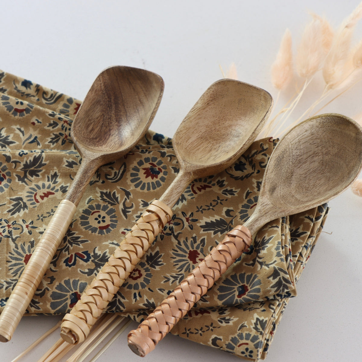 Bamboo and Leather Wrapped Mango Wood Spoons - Holistic Habitat 