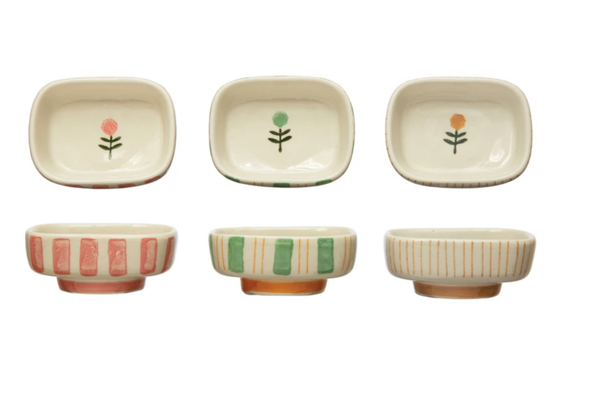 Posies and Stripes Hand Painted Stoneware Dishes - Set of 3 - Holistic Habitat 